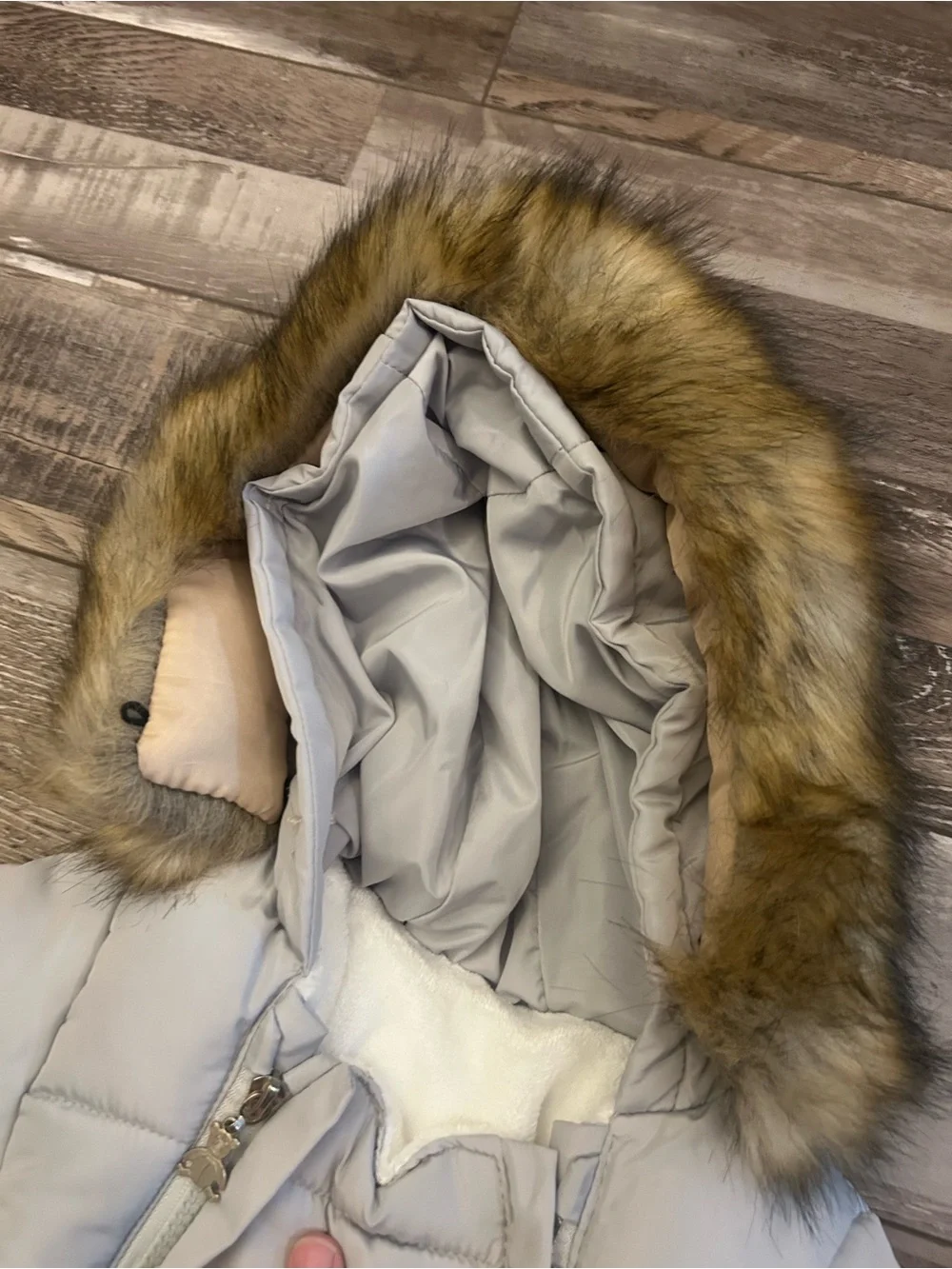 Cozy Light Gray Baby Puffer Snowsuit with Faux-Fur Hood
